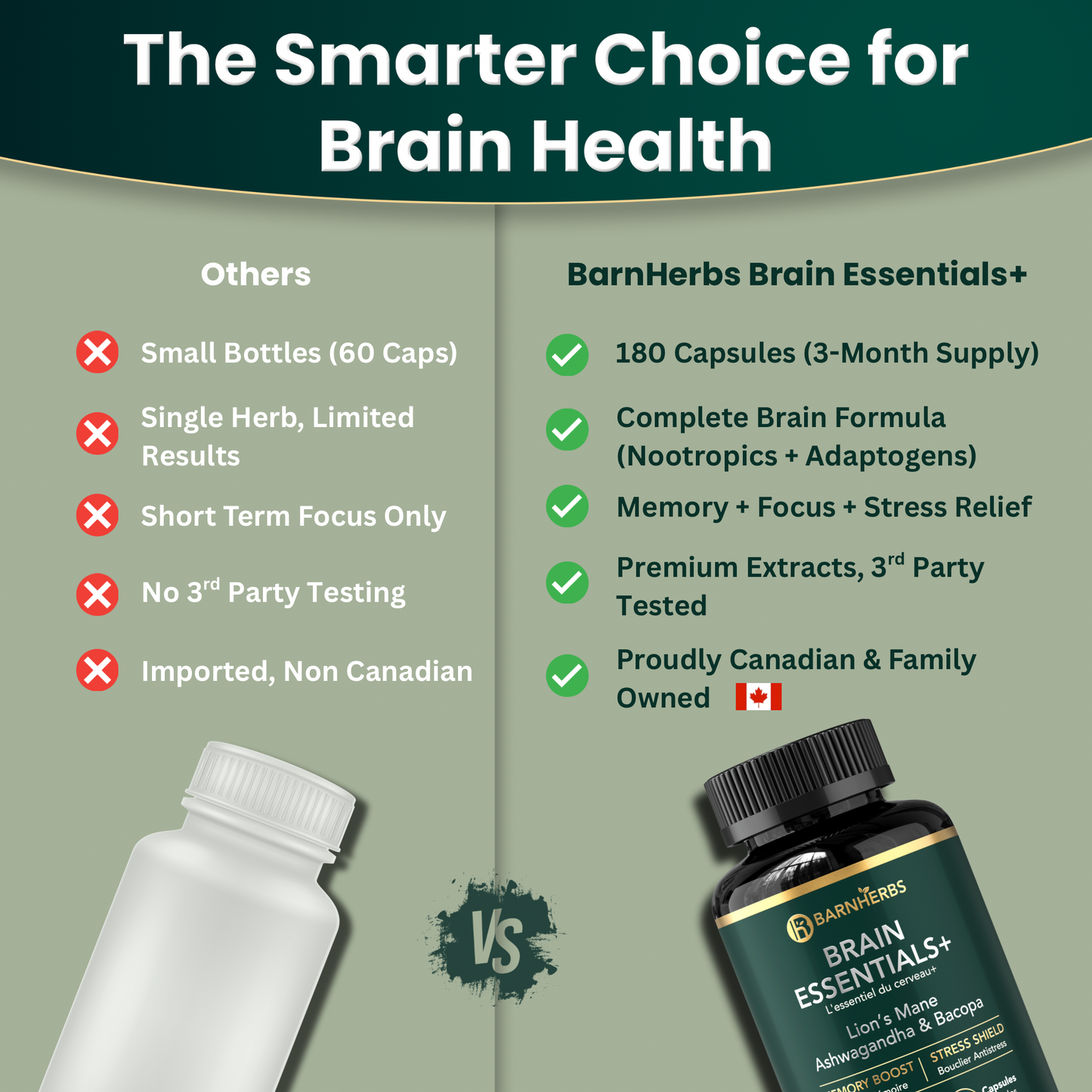 Brain Essentials+ | Nootropic Supplement for Memory, Focus, Stress Relief & Cognitive Health – Lion’s Mane, Ashwagandha & Bacopa | Made in Canada | 180 Capsules
